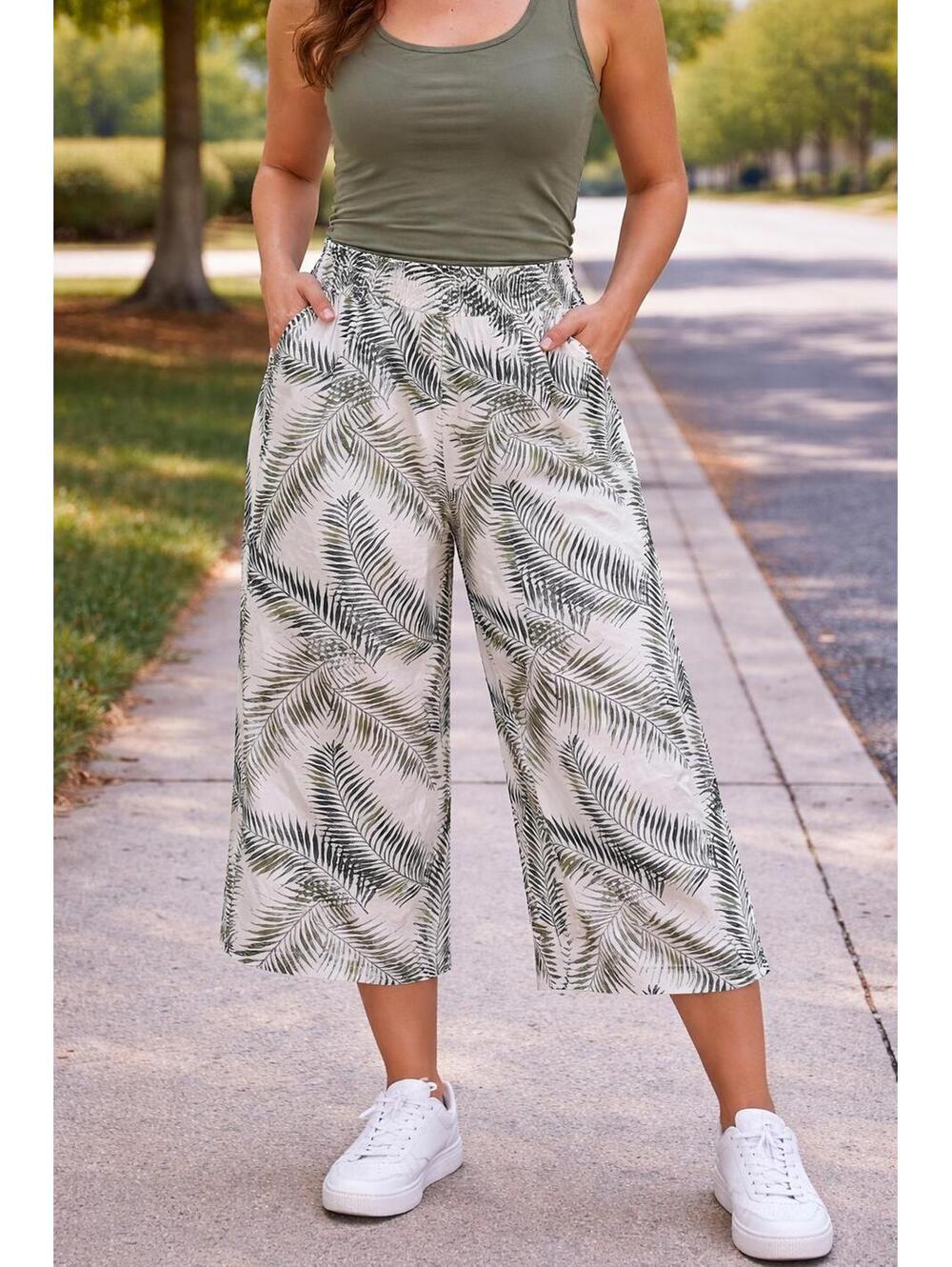Ann Taylor Loft Tropical Palm Leaf Pull On Wide Leg Croppe Pants Beachy Size S